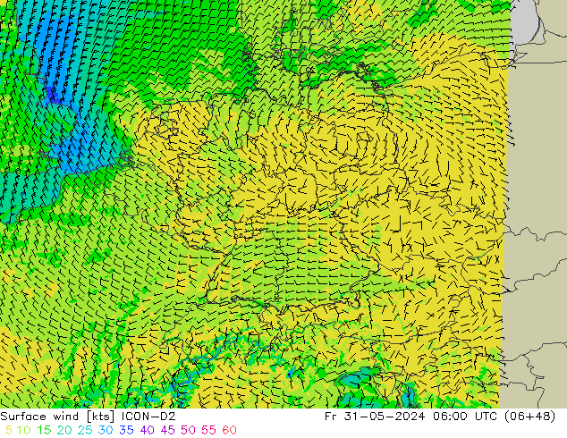 Surface wind ICON-D2 Fr 31.05.2024 06 UTC