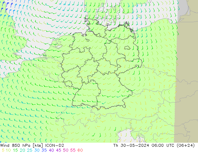 Wind 850 hPa ICON-D2 Th 30.05.2024 06 UTC