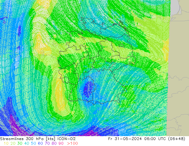 Ligne de courant 300 hPa ICON-D2 ven 31.05.2024 06 UTC