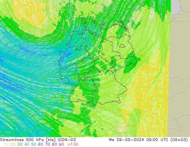 Stromlinien 500 hPa ICON-D2 Mi 29.05.2024 09 UTC