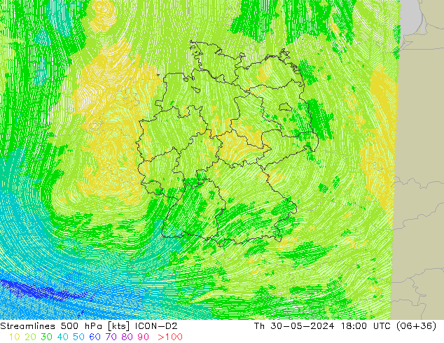 Stroomlijn 500 hPa ICON-D2 do 30.05.2024 18 UTC