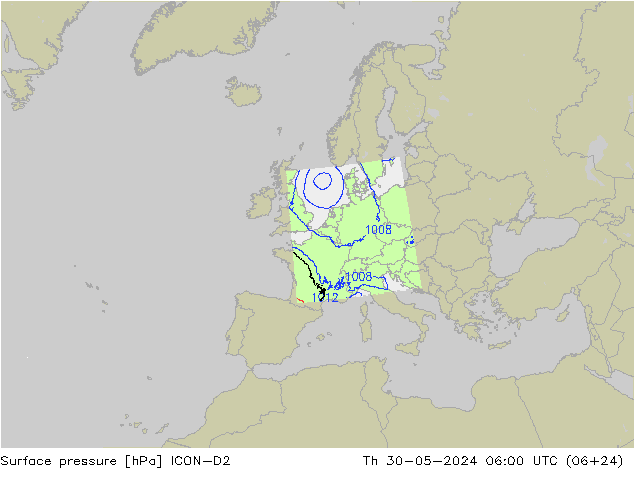 Atmosférický tlak ICON-D2 Čt 30.05.2024 06 UTC