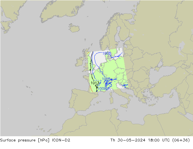 Presión superficial ICON-D2 jue 30.05.2024 18 UTC