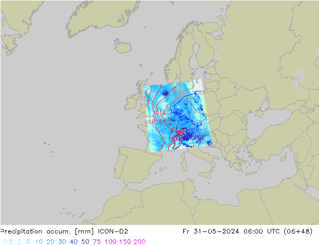 Precipitation accum. ICON-D2 Fr 31.05.2024 06 UTC