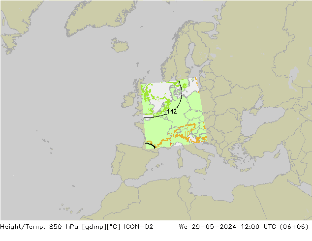 Height/Temp. 850 hPa ICON-D2 Mi 29.05.2024 12 UTC