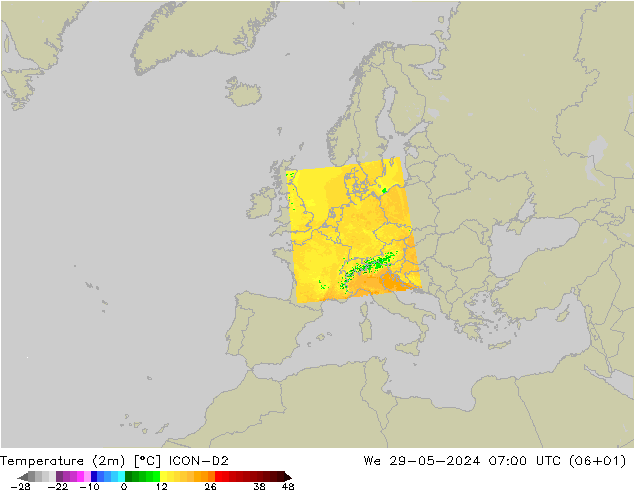 карта температуры ICON-D2 ср 29.05.2024 07 UTC