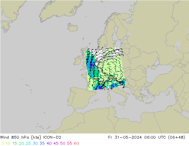 Rüzgar 850 hPa ICON-D2 Cu 31.05.2024 06 UTC