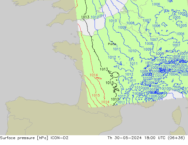 Atmosférický tlak ICON-D2 Čt 30.05.2024 18 UTC