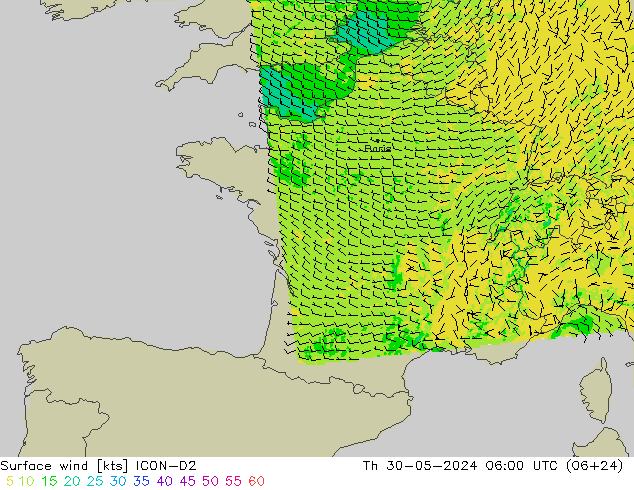 ветер 10 m ICON-D2 чт 30.05.2024 06 UTC