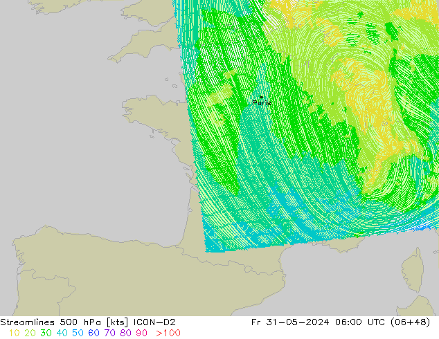 Rüzgar 500 hPa ICON-D2 Cu 31.05.2024 06 UTC