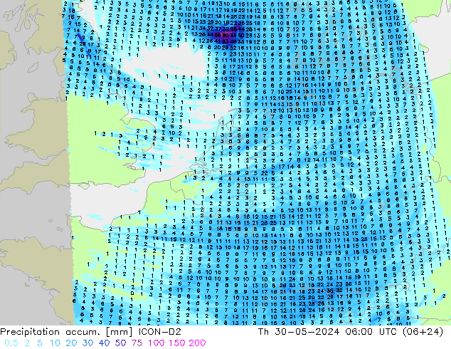 Precipitation accum. ICON-D2 Qui 30.05.2024 06 UTC