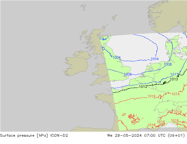 Atmosférický tlak ICON-D2 St 29.05.2024 07 UTC