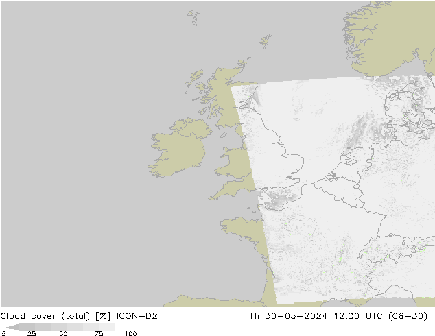 Nubes (total) ICON-D2 jue 30.05.2024 12 UTC