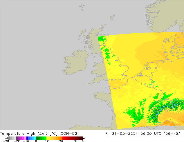 Max.temperatuur (2m) ICON-D2 vr 31.05.2024 06 UTC