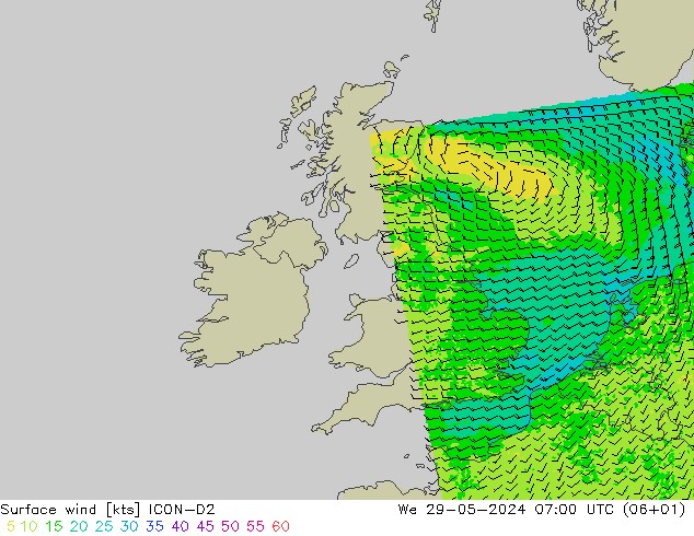 Wind 10 m ICON-D2 wo 29.05.2024 07 UTC