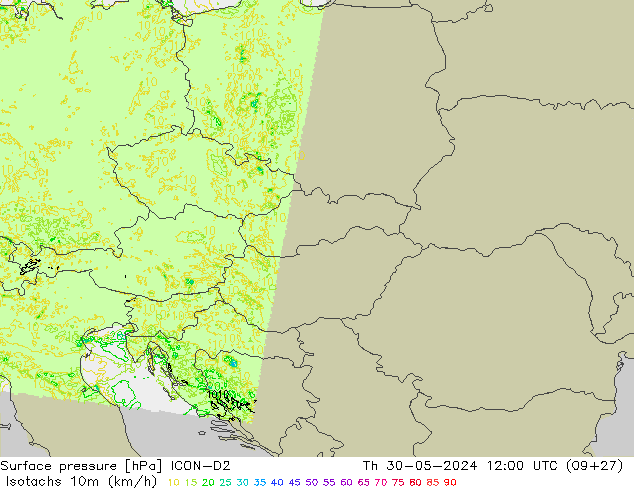 Isotachs (kph) ICON-D2 Th 30.05.2024 12 UTC