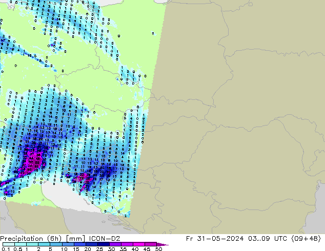 Precipitazione (6h) ICON-D2 ven 31.05.2024 09 UTC