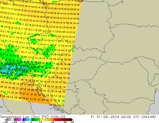 Min. Temperatura (2m) ICON-D2 pt. 31.05.2024 09 UTC