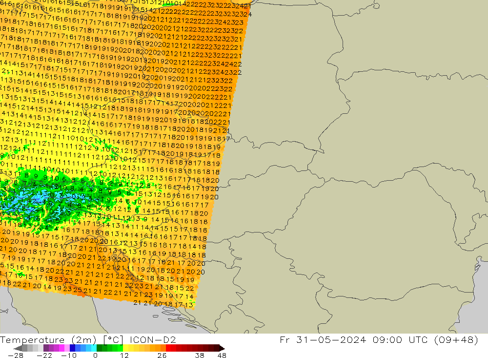 Temperatuurkaart (2m) ICON-D2 vr 31.05.2024 09 UTC