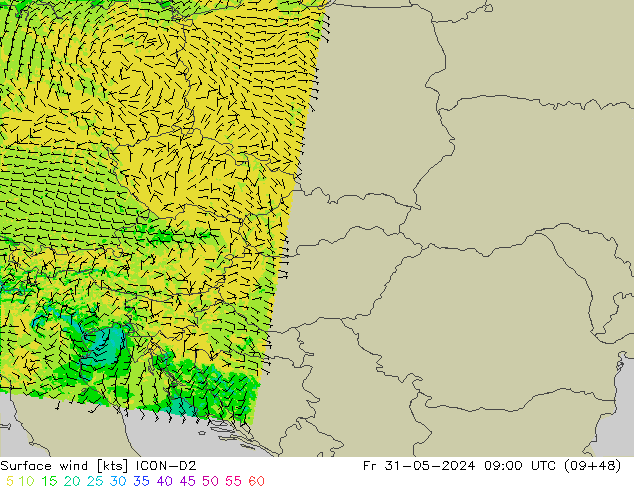 Surface wind ICON-D2 Fr 31.05.2024 09 UTC