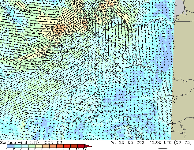 Surface wind (bft) ICON-D2 We 29.05.2024 12 UTC