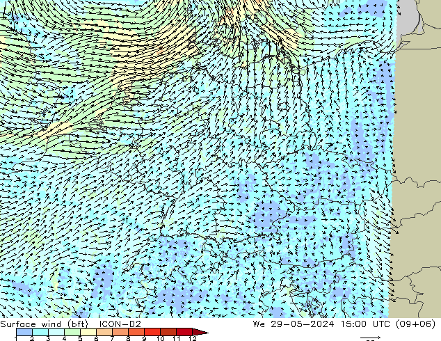 Viento 10 m (bft) ICON-D2 mié 29.05.2024 15 UTC