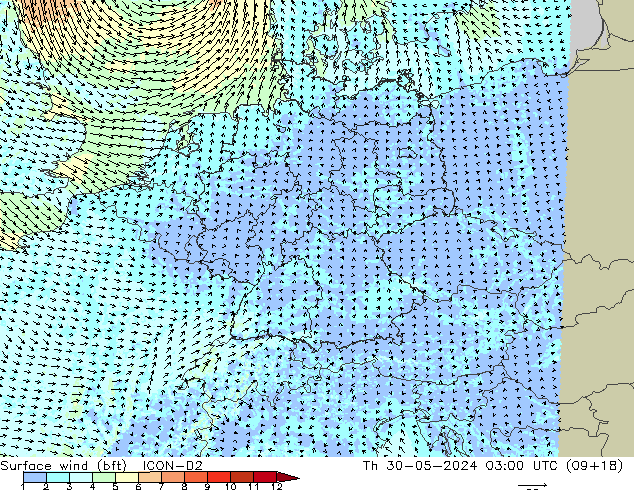 Surface wind (bft) ICON-D2 Th 30.05.2024 03 UTC