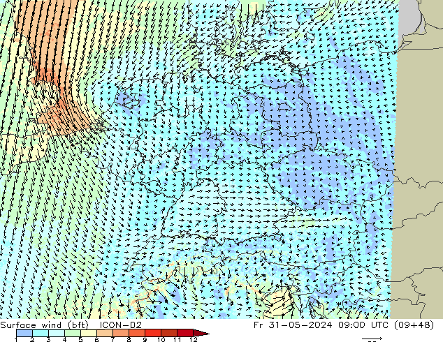 Surface wind (bft) ICON-D2 Fr 31.05.2024 09 UTC