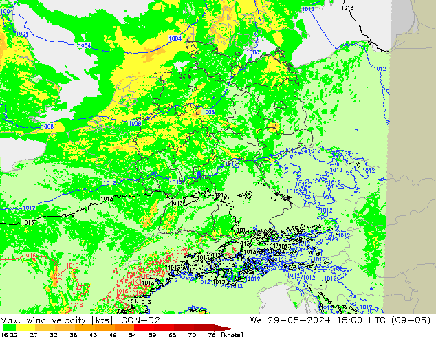 Max. wind velocity ICON-D2  29.05.2024 15 UTC