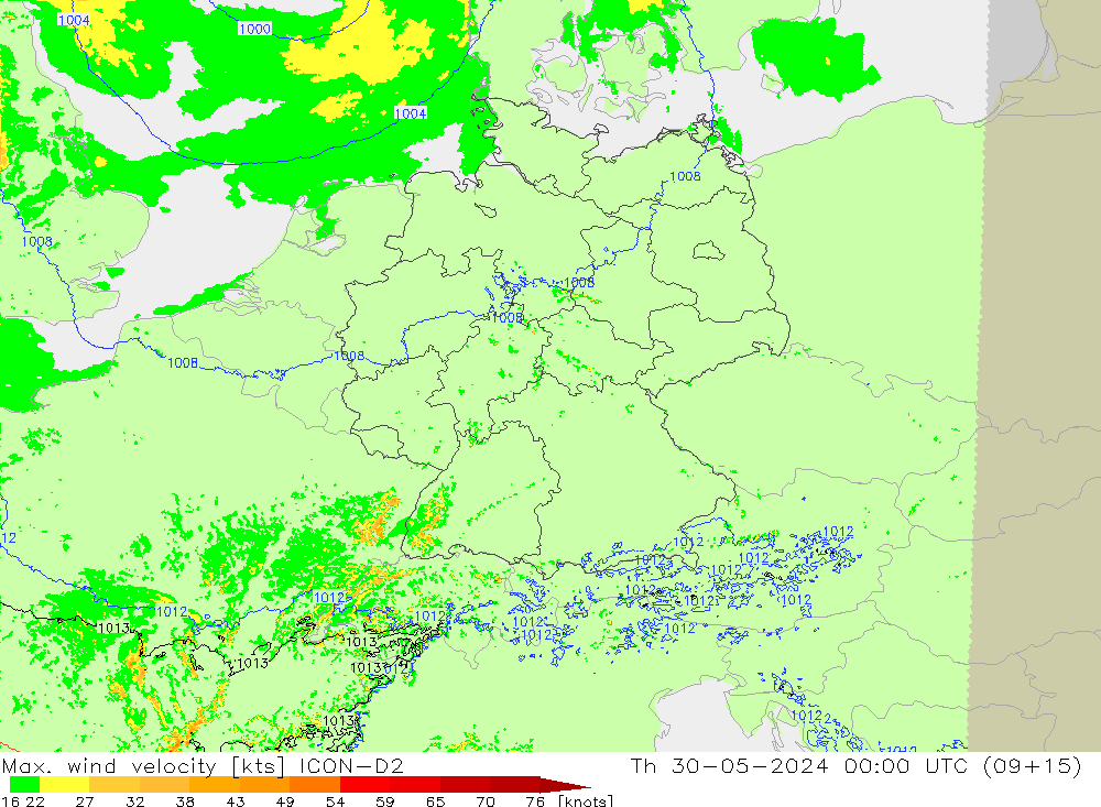 Max. wind velocity ICON-D2  30.05.2024 00 UTC