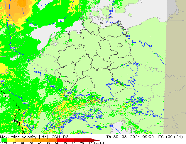 Max. wind velocity ICON-D2 Qui 30.05.2024 09 UTC