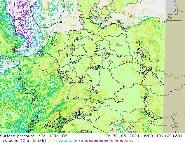 Isotaca (kph) ICON-D2 jue 30.05.2024 15 UTC