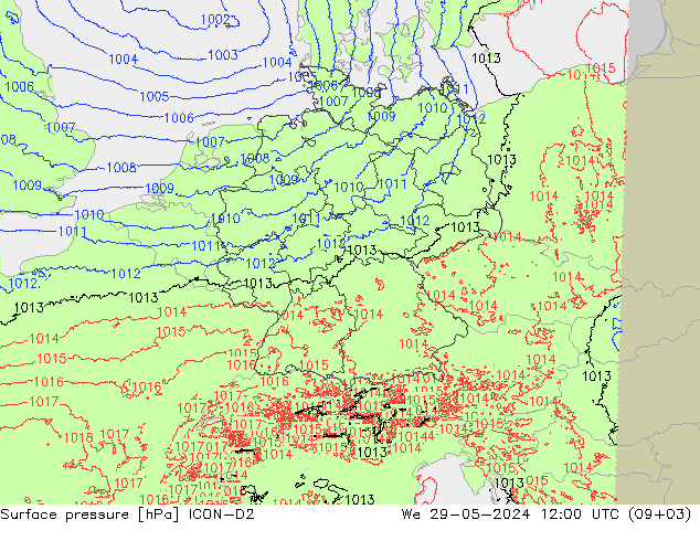 Presión superficial ICON-D2 mié 29.05.2024 12 UTC