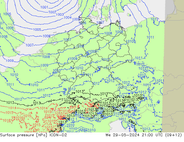 Presión superficial ICON-D2 mié 29.05.2024 21 UTC