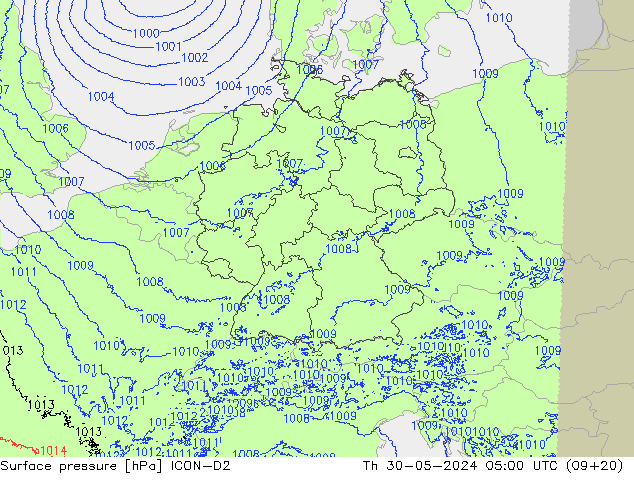 Surface pressure ICON-D2 Th 30.05.2024 05 UTC