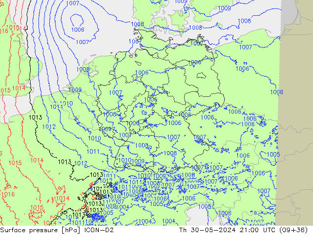 Surface pressure ICON-D2 Th 30.05.2024 21 UTC