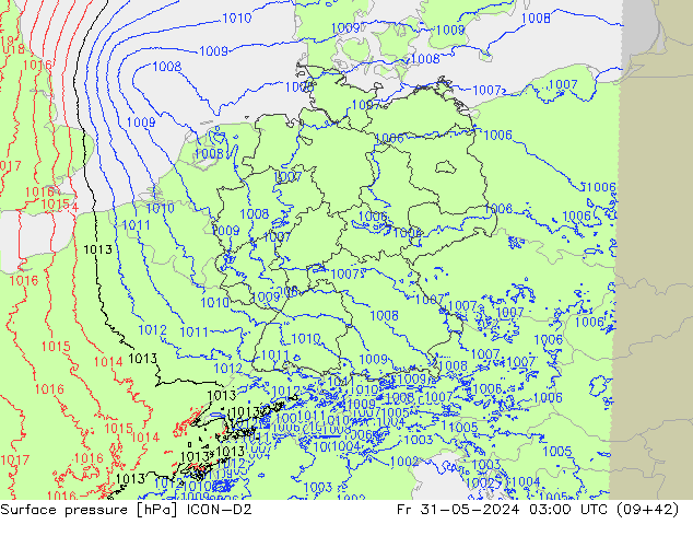 Presión superficial ICON-D2 vie 31.05.2024 03 UTC