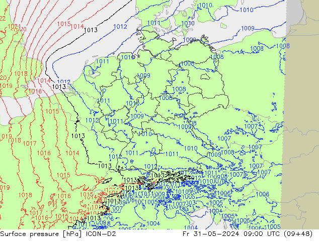 Atmosférický tlak ICON-D2 Pá 31.05.2024 09 UTC