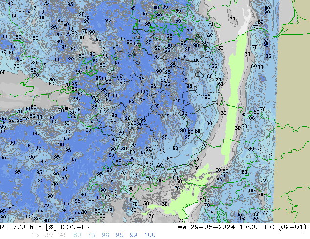 700 hPa Nispi Nem ICON-D2 Çar 29.05.2024 10 UTC