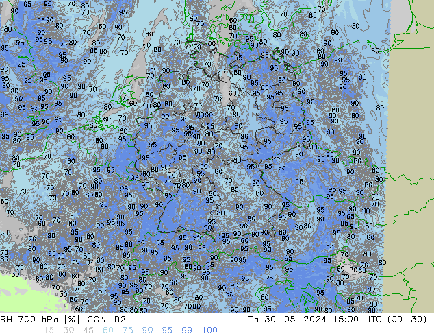 RH 700 hPa ICON-D2 Th 30.05.2024 15 UTC