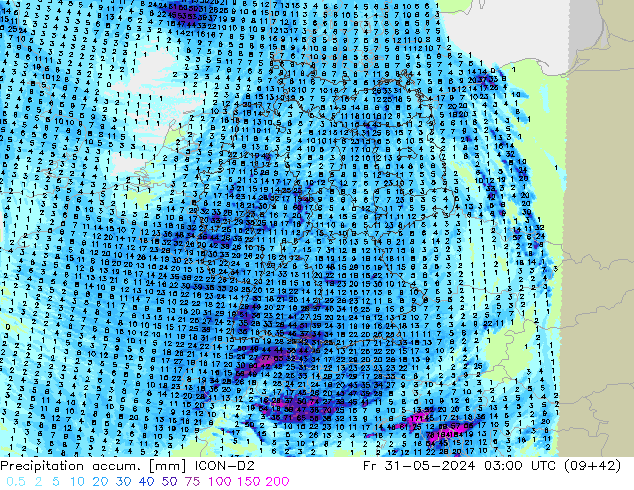 Precipitation accum. ICON-D2 Sex 31.05.2024 03 UTC