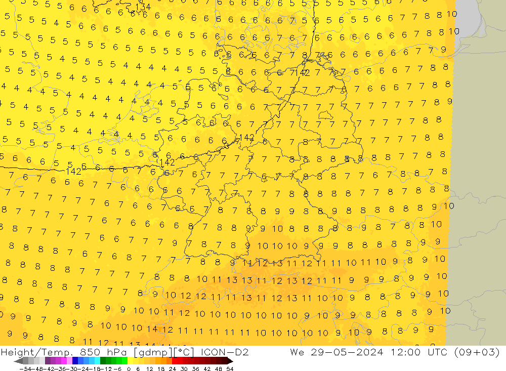 Geop./Temp. 850 hPa ICON-D2 mié 29.05.2024 12 UTC