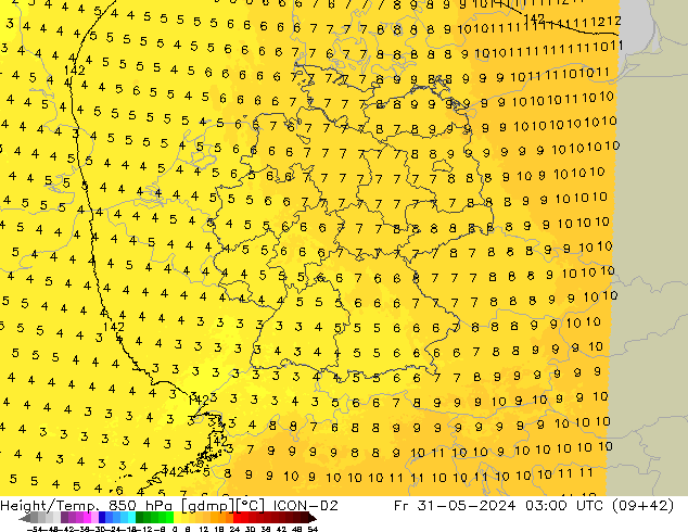 Yükseklik/Sıc. 850 hPa ICON-D2 Cu 31.05.2024 03 UTC