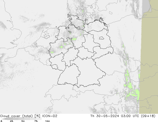 Cloud cover (total) ICON-D2 Čt 30.05.2024 03 UTC
