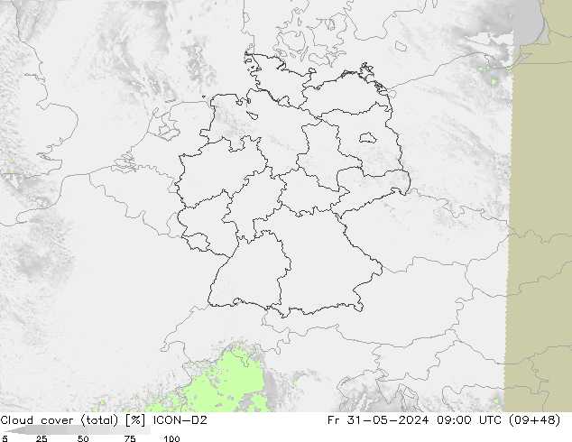 Cloud cover (total) ICON-D2 Pá 31.05.2024 09 UTC