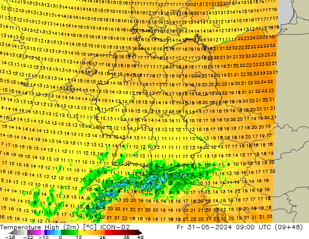 temperatura máx. (2m) ICON-D2 Sex 31.05.2024 09 UTC