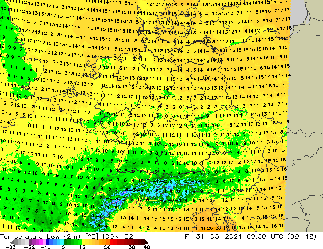 temperatura mín. (2m) ICON-D2 Sex 31.05.2024 09 UTC