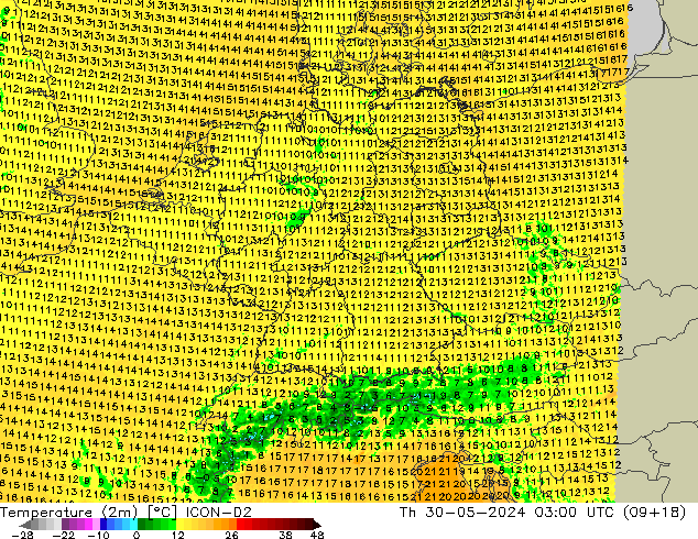 Temperature (2m) ICON-D2 Th 30.05.2024 03 UTC