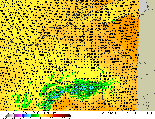 Temperature (2m) ICON-D2 Fr 31.05.2024 09 UTC