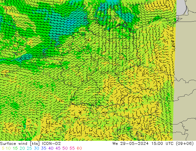 Viento 10 m ICON-D2 mié 29.05.2024 15 UTC